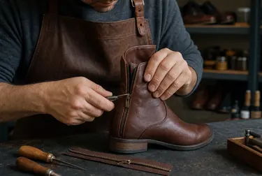 Sapateiro consertando o zíper de uma bota em Maracanaú.