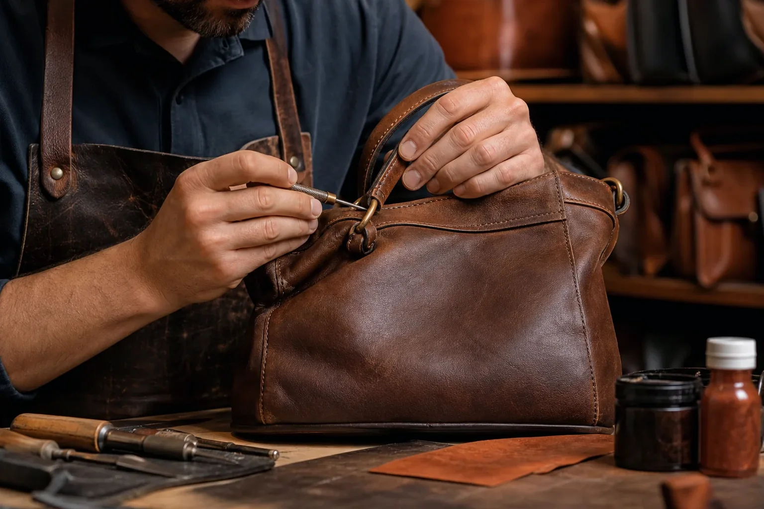 Sapateiro reformando uma bolsa de couro em Maracanaú.